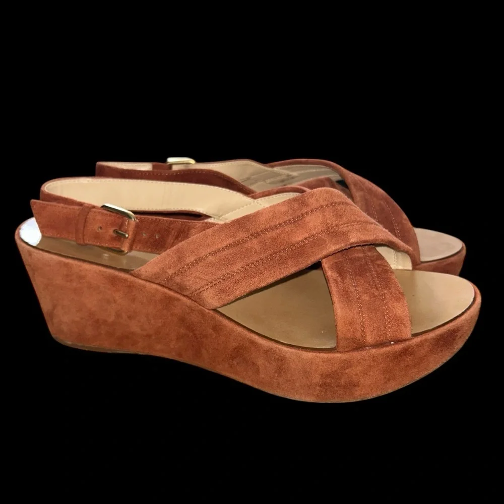 J. Crew Marcie  Rust Suede Strappy Wedge Open Toe Platform Heels Sandals Sz 9.5